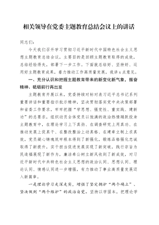 相关领导在党委主题教育总结会议上的讲话
