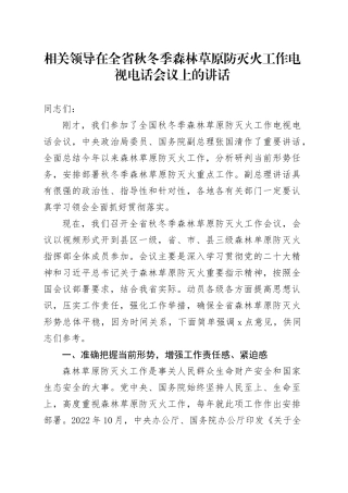 相关领导在全省秋冬季森林草原防灭火工作电视电话会议上的讲话