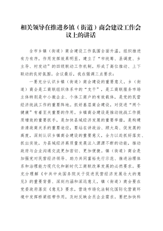 相关领导在推进乡镇街道（街道）商会建设工作会议上的讲话