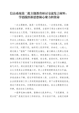 信访系统第二批主题教育研讨交流发言材料：学思践悟新思想  凝心聚力担使命
