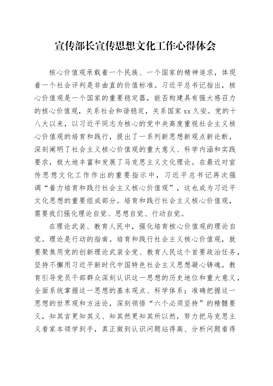 宣传部长宣传思想文化工作心得体会_第1页