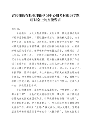 宣传部长在县委理论学习中心组乡村振兴专题研讨会上的交流发言