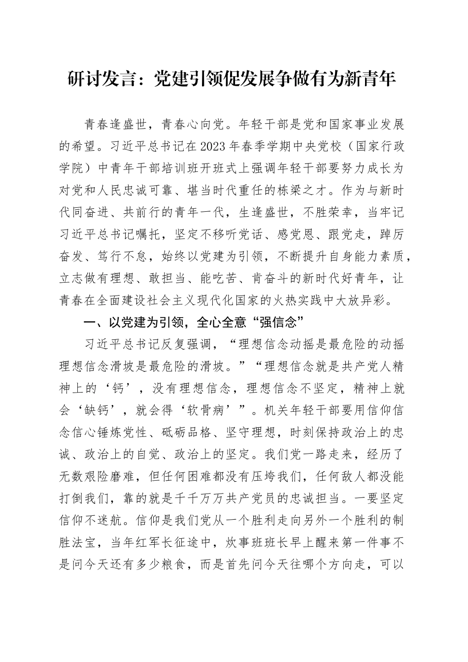 研讨发言：党建引领促发展争做有为新青年_第1页