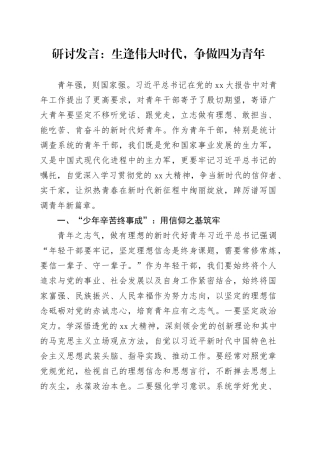 研讨发言：生逢伟大时代，争做四为青年