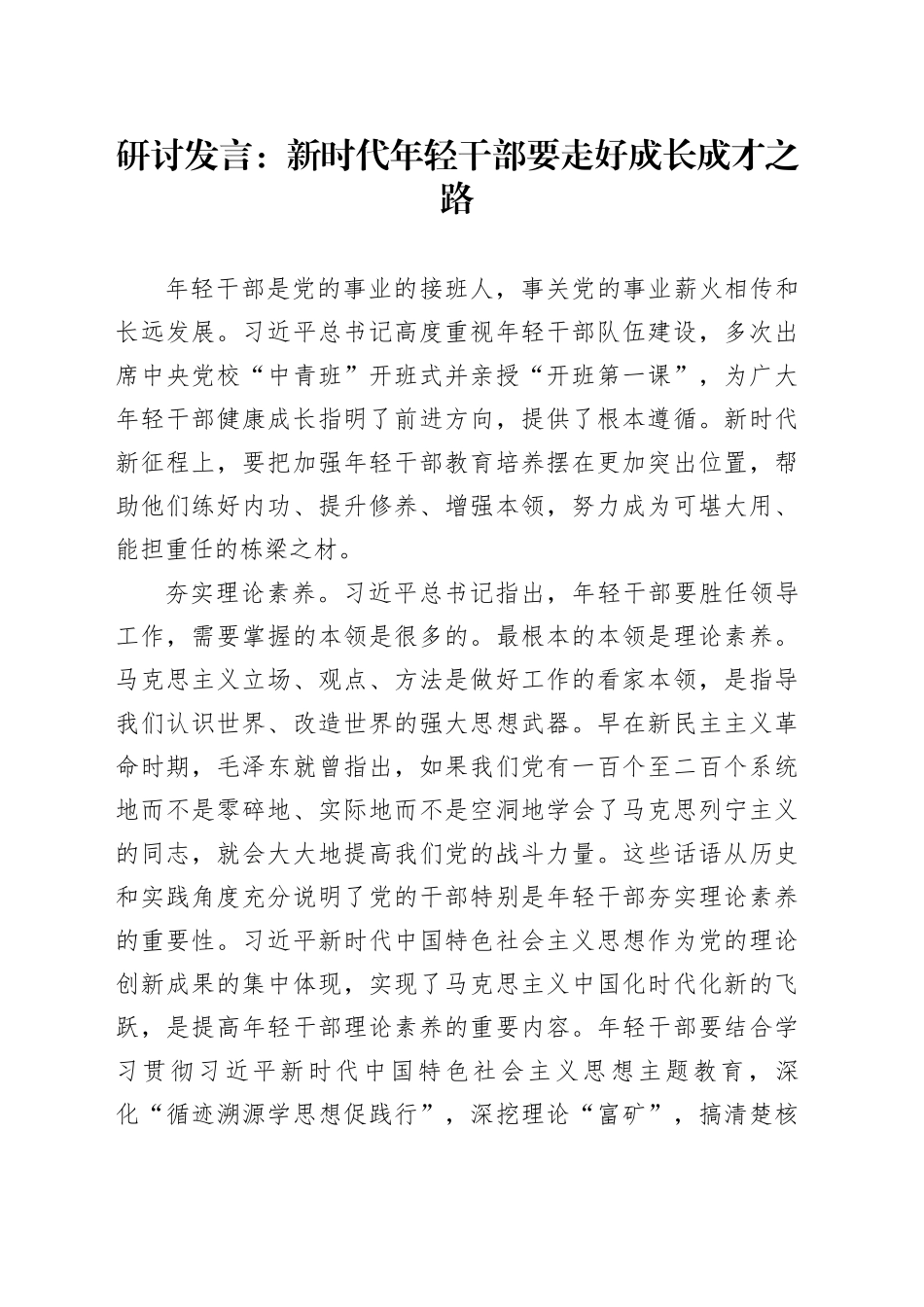 研讨发言：新时代年轻干部要走好成长成才之路_第1页