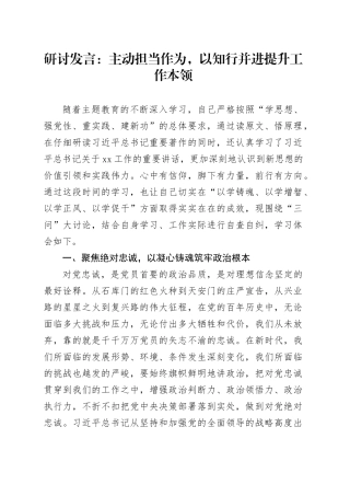 研讨发言：主动担当作为，以知行并进提升工作本领