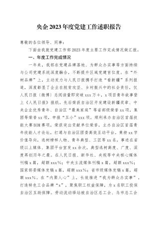 央企2023年度党建工作述职报告