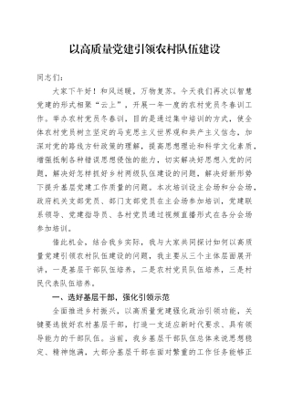 以高质量党建引领农村队伍建设