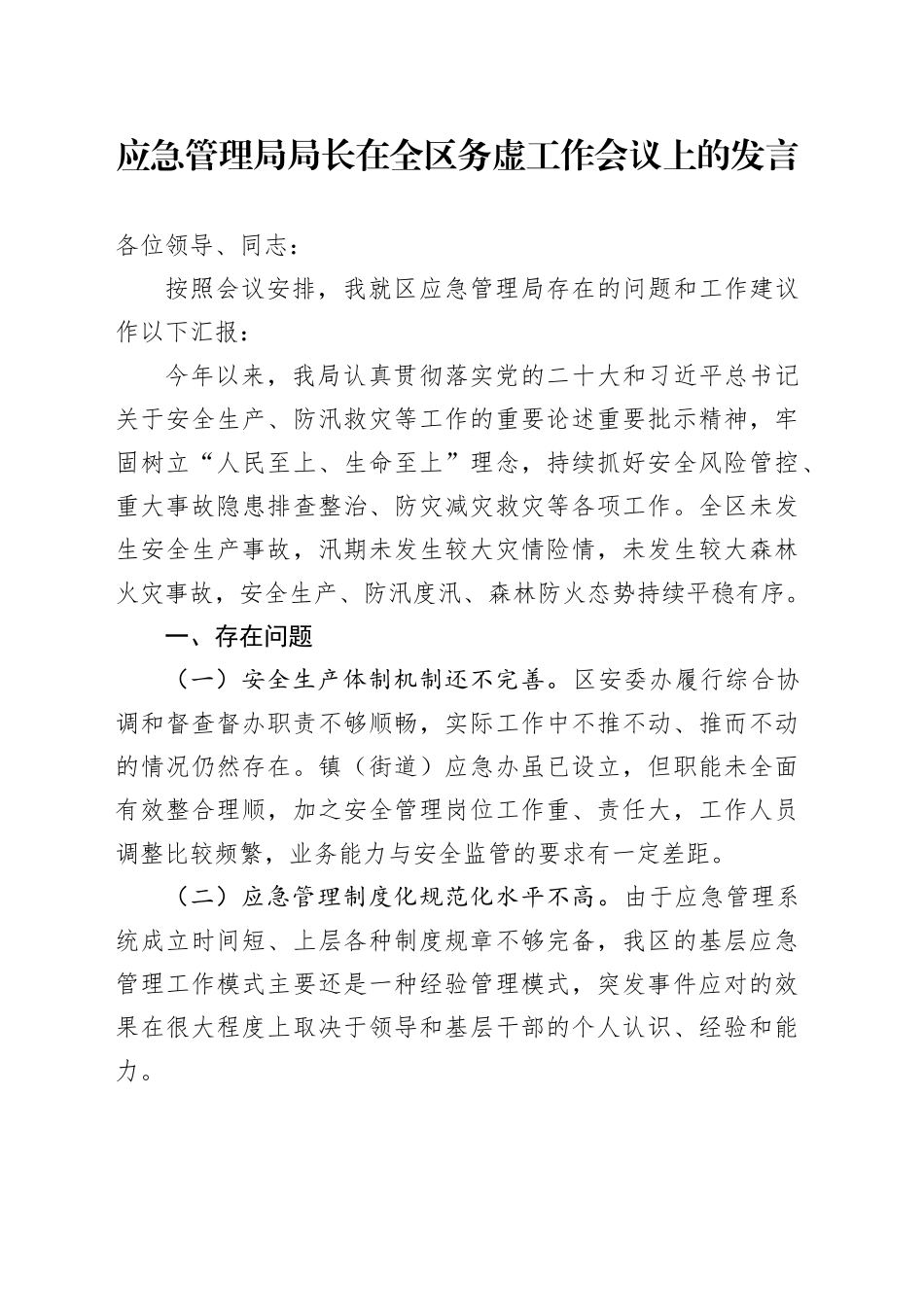 应急管理局局长在全区务虚工作会议上的发言_第1页
