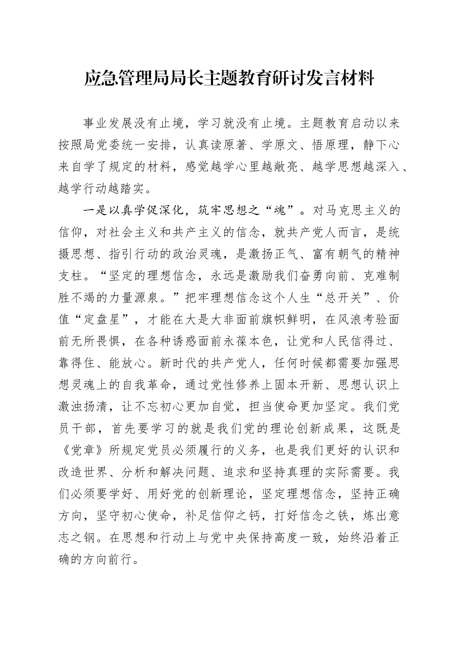应急管理局局长主题教育研讨发言材料_第1页