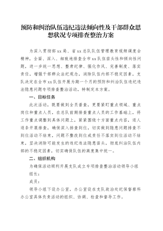 预防和纠治队伍违纪违法倾向性及干部群众思想状况专项排查整治方案