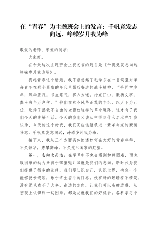 在“青春”为主题班会上的发言：千帆竞发志向远，峥嵘岁月我为峰