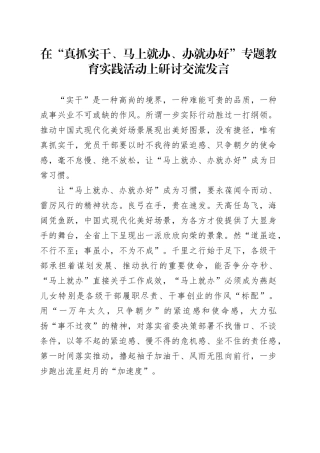 在“真抓实干、马上就办、办就办好”专题教育实践活动上研讨交流发言