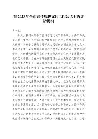 在2023年全市宣传思想文化工作会议上的讲话提纲