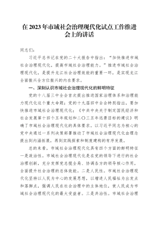 在2023年市域社会治理现代化试点工作推进会上的讲话