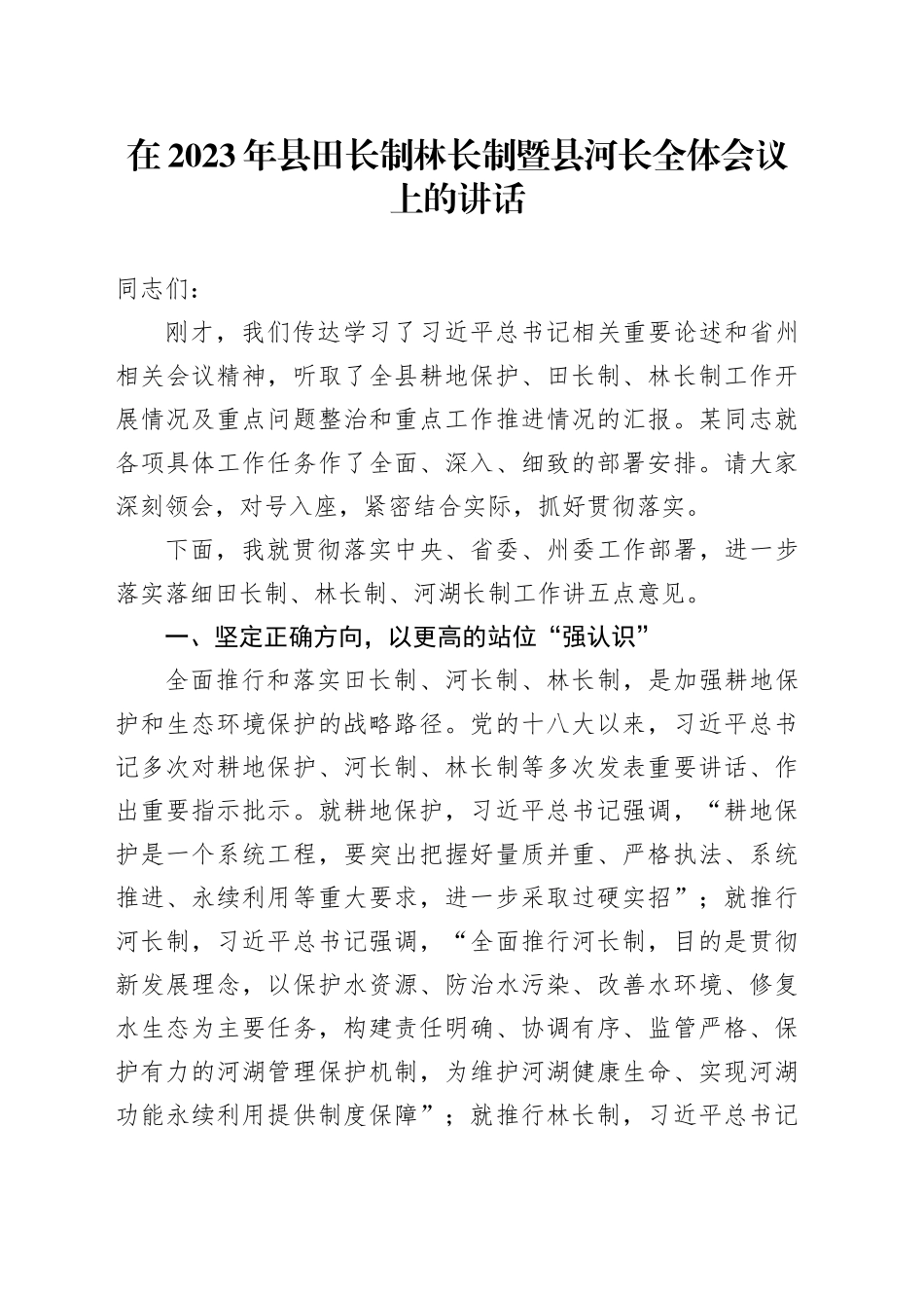 在2023年县田长制林长制暨县河长全体会议上的讲话_第1页