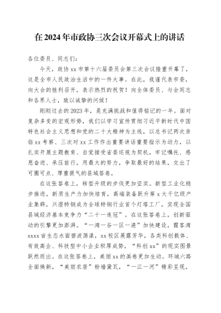 在2024年市政协三次会议开幕式上的讲话