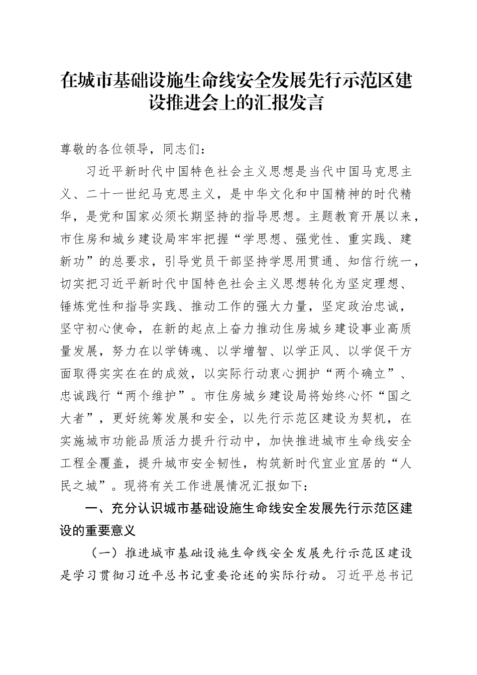 在城市基础设施生命线安全发展先行示范区建设推进会上的汇报发言_第1页