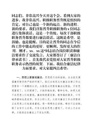 在干部职级职务晋升集体廉洁谈话上的讲话材料