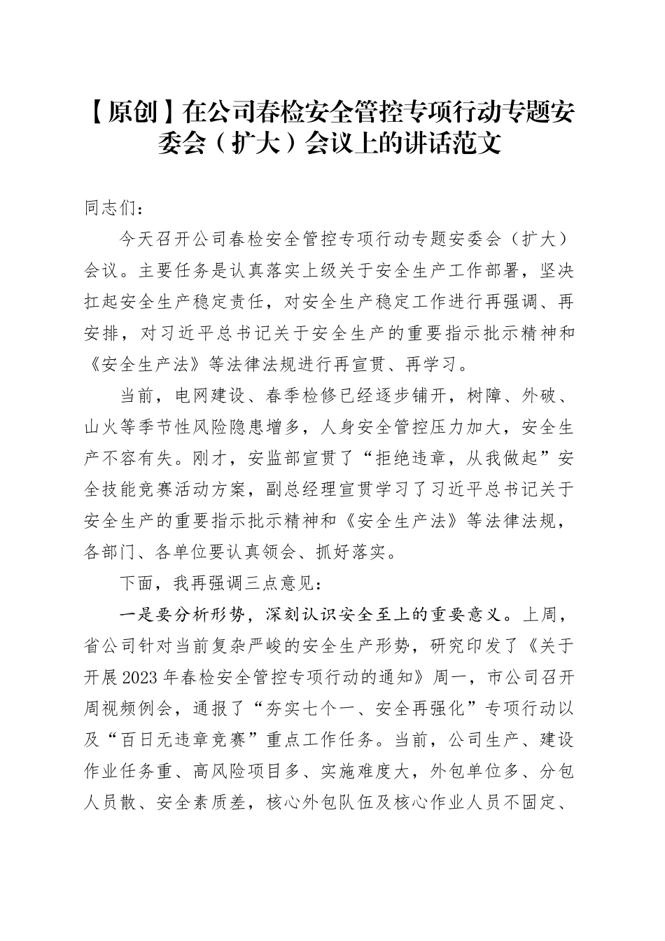 在公司春检安全管控专项行动专题安委会扩大会议上的讲话国有企业生产电网供电_第1页