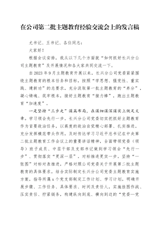 在公司第二批主题教育经验交流会上的发言稿