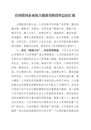 在国资国企系统主题教育阶段性总结汇报