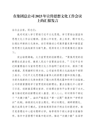 在集团总公司2023年宣传思想文化工作会议上的汇报发言