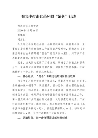 在集中打击食药环假“昆仑”行动推进会上的讲话