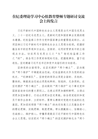 在纪委理论学习中心组教育整顿专题研讨交流会上的发言