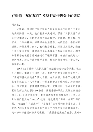 在街道“双护双百”攻坚行动推进会上的讲话