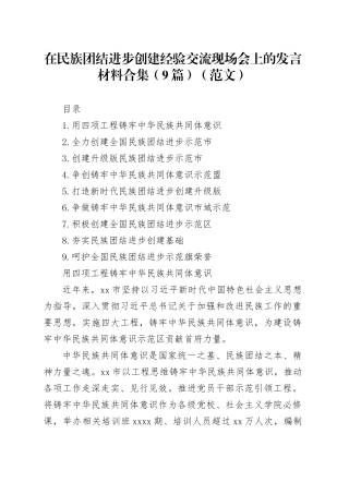 在民族团结进步创建经验交流现场会上的发言材料合集（9篇）（范文）