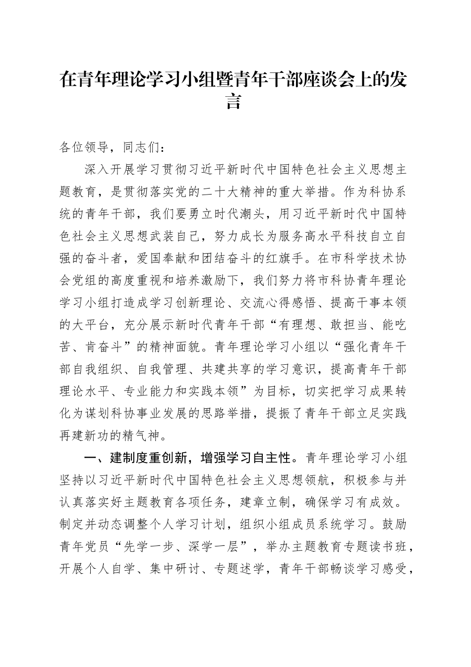 在青年理论学习小组暨青年干部座谈会上的发言_第1页