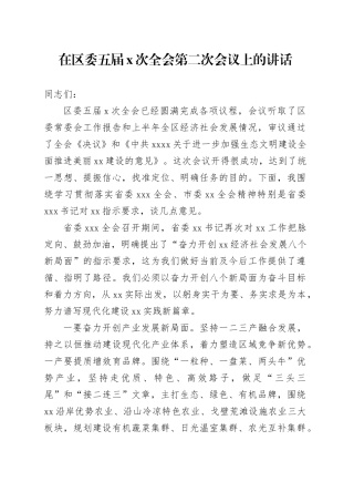 在区委五届X次全会第二次会议上的讲话