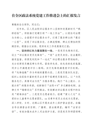 在全区政法系统党建工作推进会上的汇报发言