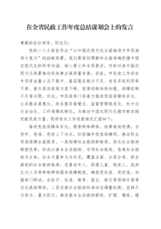 在全省民政工作年度总结谋划会上的发言