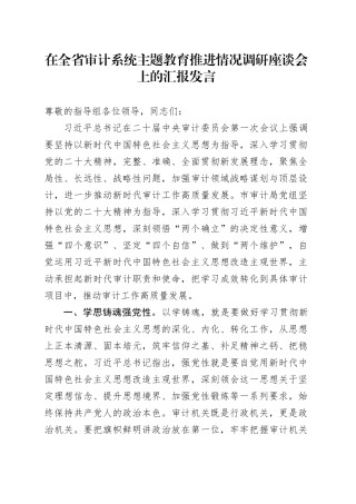 在全省审计系统主题教育推进情况调研座谈会上的汇报发言