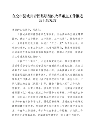 在全市县域共青团基层组织改革重点工作推进会上的发言