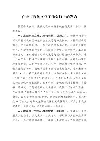 在全市宣传文化工作会议上的发言