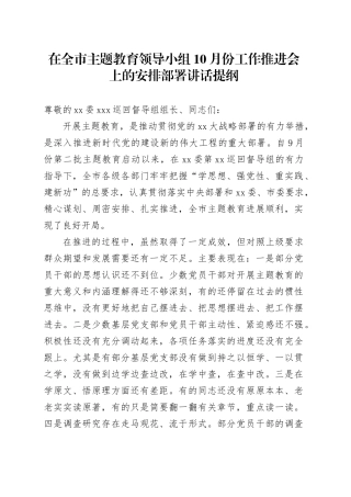 在全市主题教育领导小组10月份工作推进会上的安排部署讲话提纲