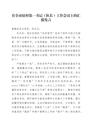 在全市驻村第一书记（队长）工作会议上的汇报发言