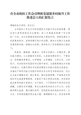 在全市组织工作会议暨抓党建促乡村振兴工作推进会上的汇报发言