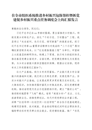 在全市组织系统推进乡村振兴包保帮扶暨抓党建促乡村振兴重点任务调度会上的汇报发言