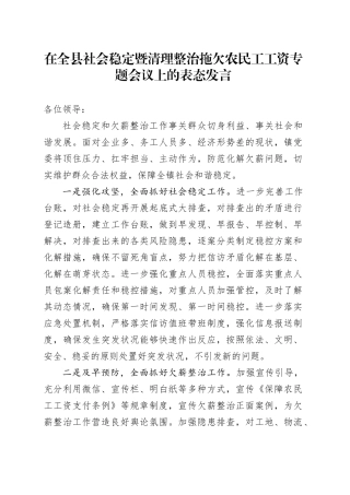 在全县社会稳定暨清理整治拖欠农民工工资专题会议上的表态发言