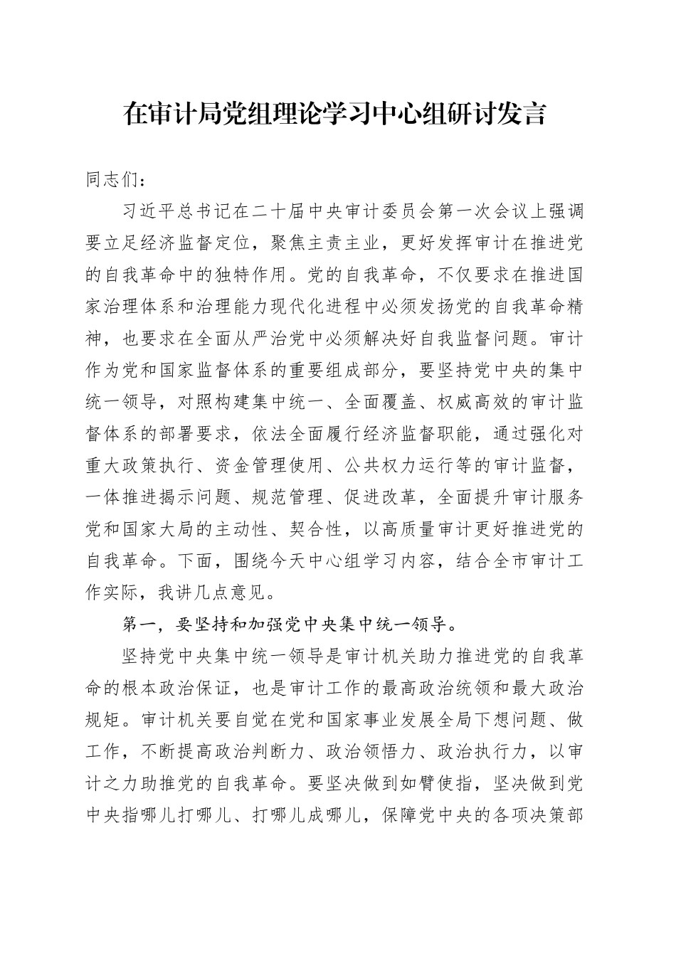 在审计局党组理论学习中心组研讨发言_第1页