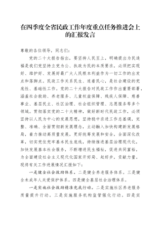 在四季度全省民政工作年度重点任务推进会上的汇报发言