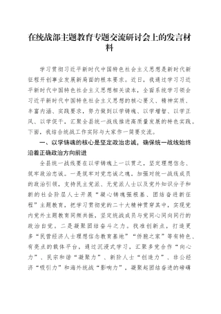 在统战部主题教育专题交流研讨会上的发言材料