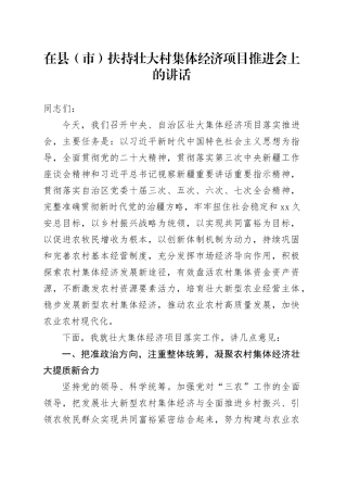 在县（市）扶持壮大村集体经济项目推进会上的讲话