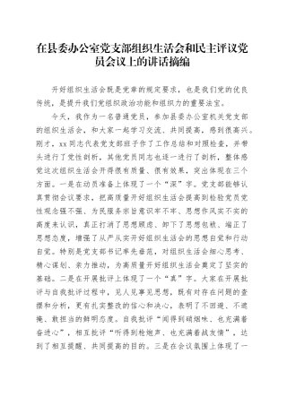 在县委办公室党支部组织生活会和民主评议党员会议上的讲话摘编