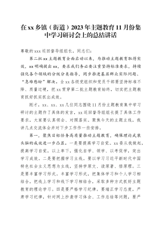 在乡镇街道（街道）2023年主题教育11月份集中学习研讨会上的总结讲话
