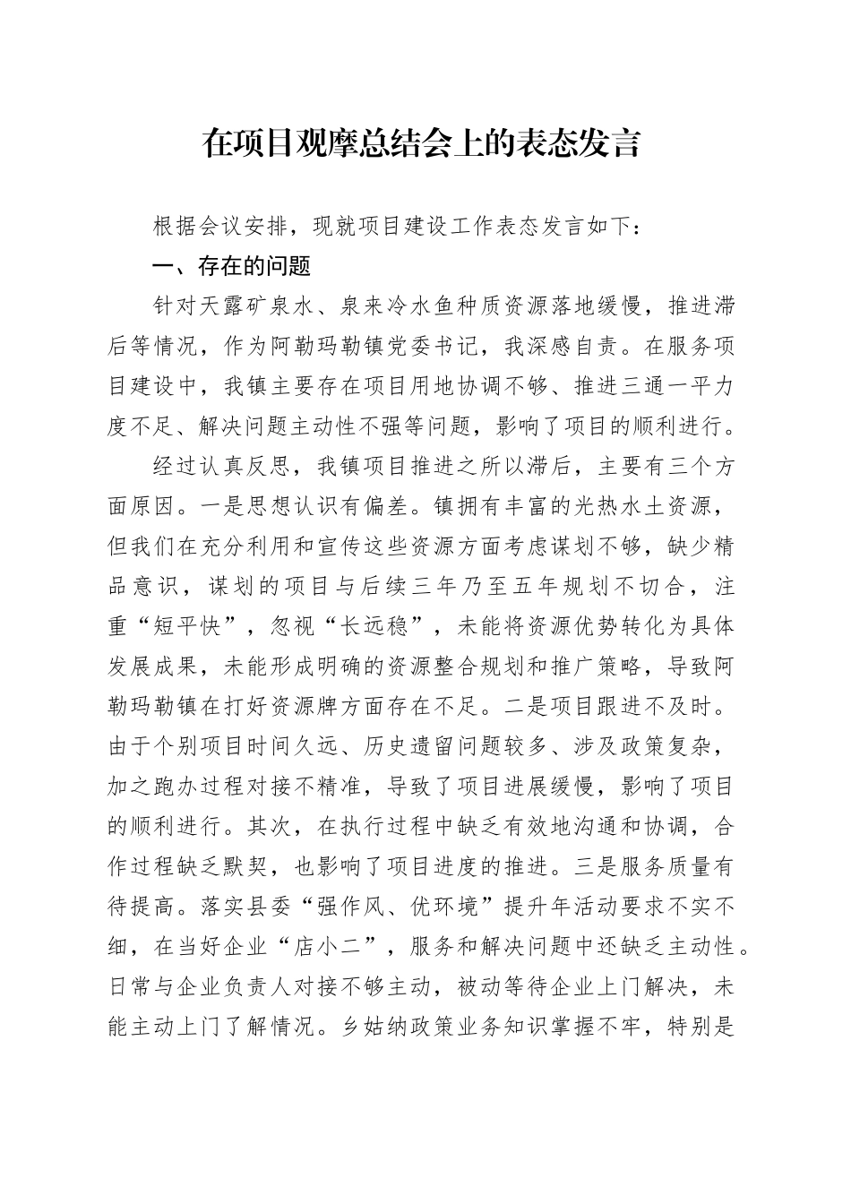 在项目观摩总结会上的表态发言 （2）_第1页